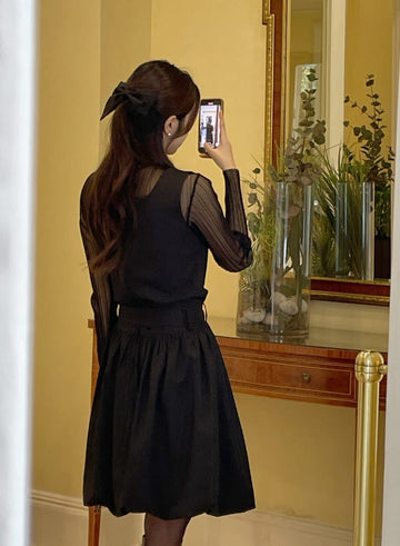 Rimel Pleats Half Neck See-through T-blouse